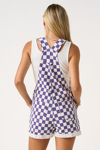 Game Day Checkered Romper Bib Overalls, purple