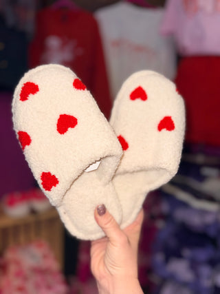 Ivory plush heart slippers with red hearts for women