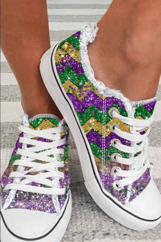 Mardi Gras Shiny Chevron Striped Lace-up Flat Canvas Shoes: Multicolor / 10(42)