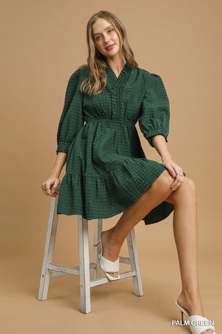 Ruffle Trim Textured Babydoll Dress- green