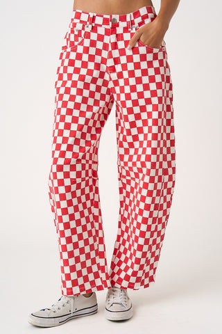Game Day Checkered Elastic Waist Barrel Pants-Red