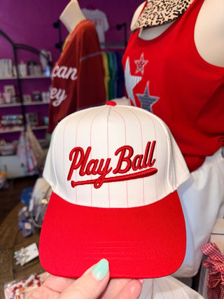 Play Ball Embroidered Baseball Cap, White/Blue or White/Red