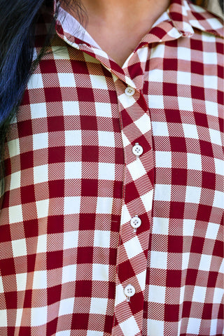 PREORDER- Sloane Button Up Top- Burgundy Gingham