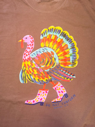 Espresso brown graphic tee with a colorful turkey design and short sleeves.