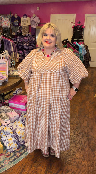 Umgee Puff Sleeve Plaid Midi Dress, Brown