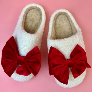 Cozy Bow Slippers- White/Red