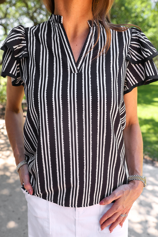 PREORDER- Layla Striped Flutter Sleeve Blouse- Black