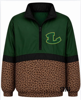 Longview Lobos On the Go Pullover- Leopard & green with L logo