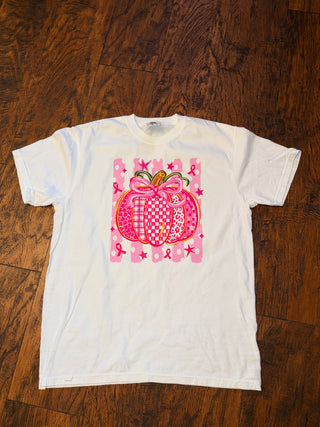 Pink Pumpkin Breast Cancer Awareness Graphic Tee,  white