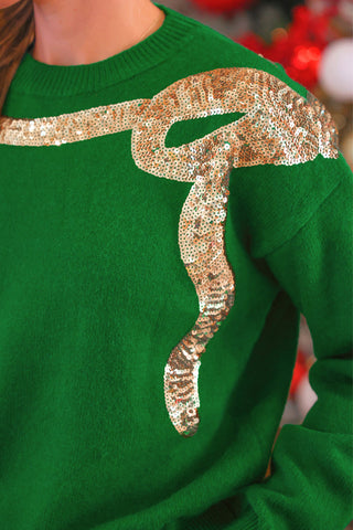 PREORDER- Sequin Bow Knit Sweater- Green/Gold