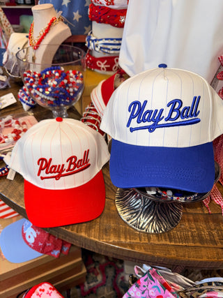 Play Ball Embroidered Baseball Cap, White/Blue or White/Red