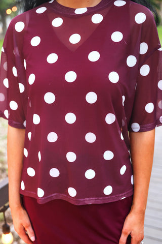 PREORDER- Emma Mesh Tee- Burgundy Polka Dot