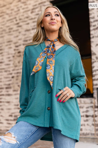 PLUS SIZE Two-Tone Charm Cardigan: Jewel Green