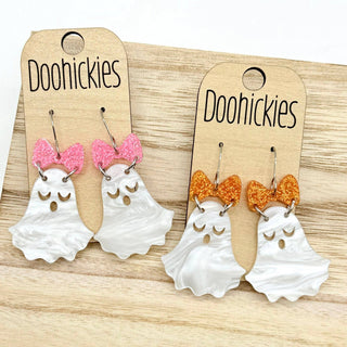 Glittery Bow Ghost Dangle Collection - Halloween Earrings: Pink