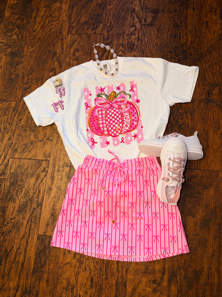 Pink Pumpkin Breast Cancer Awareness Graphic Tee,  white
