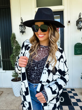 Halloween Cloud Cardigan- B & W Checkered ghosts