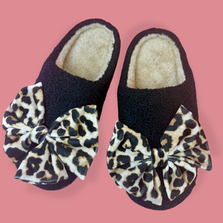 Cozy Bow Slippers- Black/Leopard