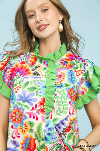 Umgee Paisley Floral Top, Green Accents