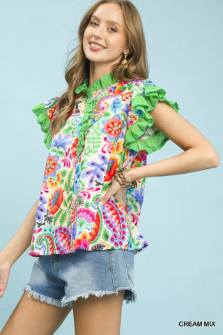 Umgee Paisley Floral Top, Green Accents