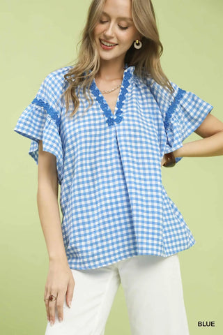 Gingham Lace Trim Top- blue
