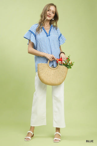 Gingham Lace Trim Top- blue