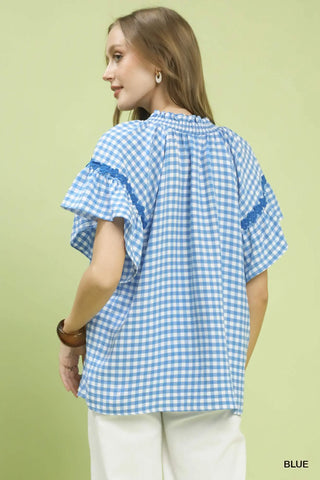 Gingham Lace Trim Top- blue