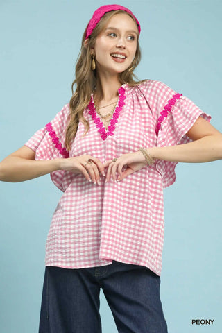 Gingham Lace Trim Top- pink