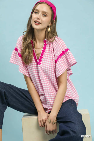 Gingham Lace Trim Top- pink
