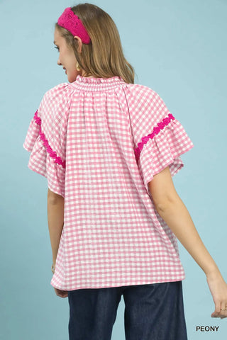 Gingham Lace Trim Top- pink