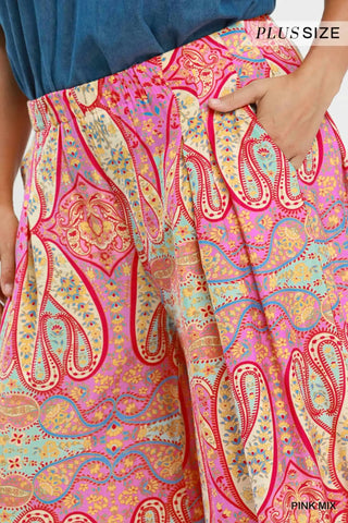 Umgee Plus Size Patterned Skirt Pants, Pink Mix