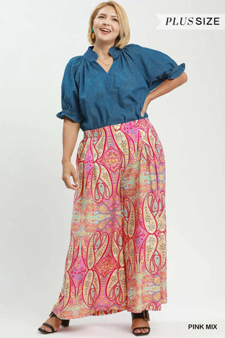 Umgee Plus Size Patterned Skirt Pants, Pink Mix
