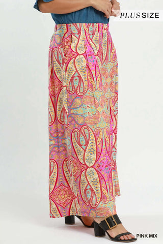 Umgee Plus Size Patterned Skirt Pants, Pink Mix