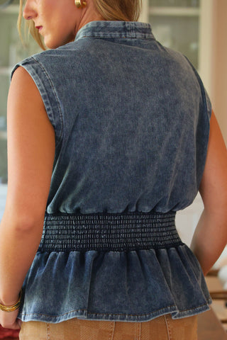PREORDER- Refined Denim Peplum Top- Light Wash