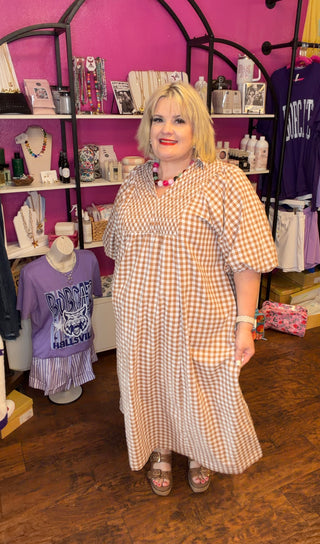 Umgee Puff Sleeve Plaid Midi Dress, Brown