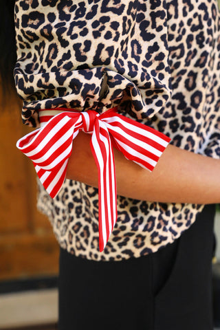PREORDER- Cassidy Tie Sleeve Top- Leopard/Red Stripes