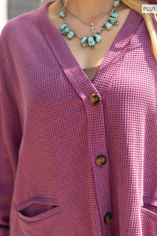 PLUS SIZE Two-Tone Charm Cardigan: Wine