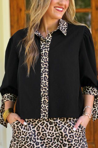 PREORDER- Cassidy Tie Sleeve Top- Black/Leopard