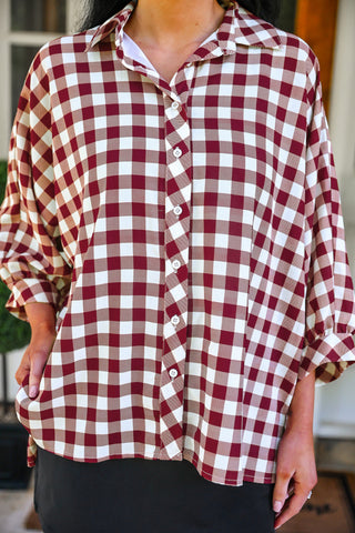 PREORDER- Sloane Button Up Top- Burgundy Gingham
