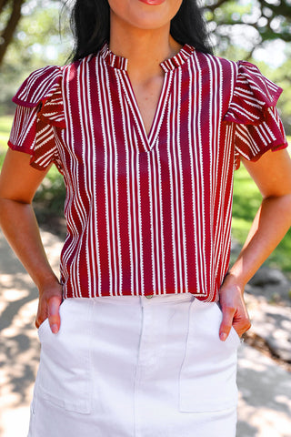 PREORDER- Layla Striped Flutter Sleeve Blouse- Maroon