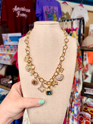 Gold Charm Necklace with Multi-Color Gems