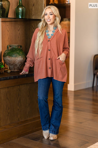 PLUS SIZE Two-Tone Charm Cardigan: Wine