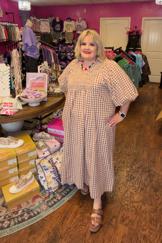Umgee Puff Sleeve Plaid Midi Dress, Brown