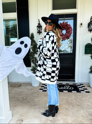 Halloween Cloud Cardigan- B & W Checkered ghosts