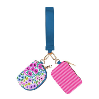PREORDER--Double Pouch Wristlet- Falling for Florals/Bubblegum Stripes