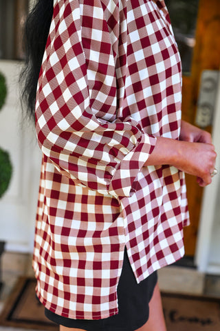 PREORDER- Sloane Button Up Top- Burgundy Gingham