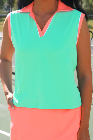 Everyday Polo Tank- Mint/Coral