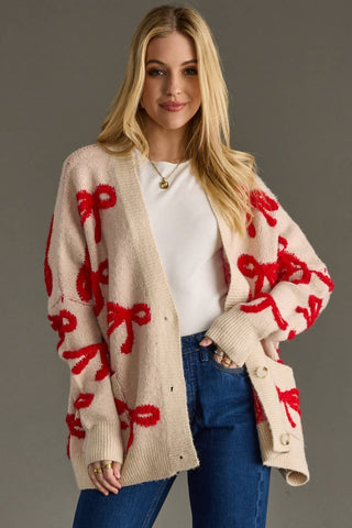 Tan & Red Bow Cardigan