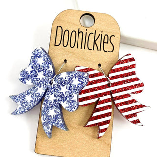 Glitter Stars & Stripes Bow Acrylics - Patriotic Earrings 1.5"
