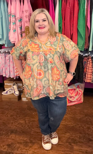 Mix Paisley Print Blouse with Puff Sleeves