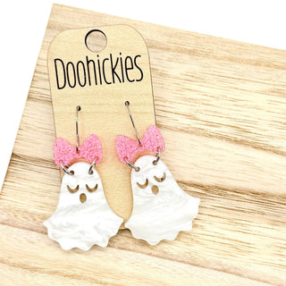 Glittery Bow Ghost Dangle Collection - Halloween Earrings: Pink